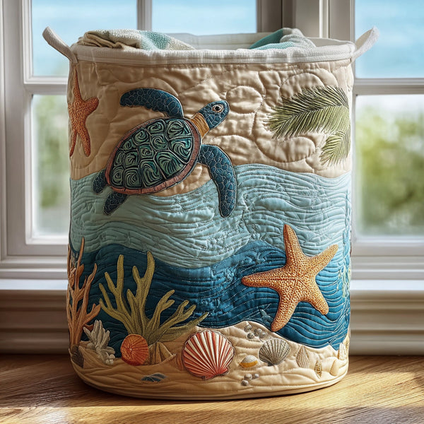 Coral Coastal Harmony quilted laundry basket with sea turtle, starfish and seashells by a sunny window