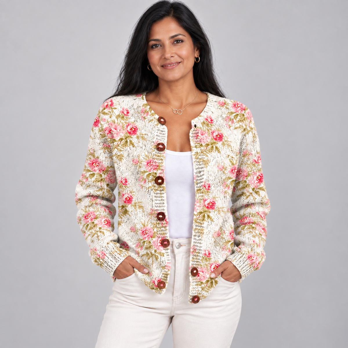 Fresh Pink Flowers And Green Leaves Print — Multicolour — front view