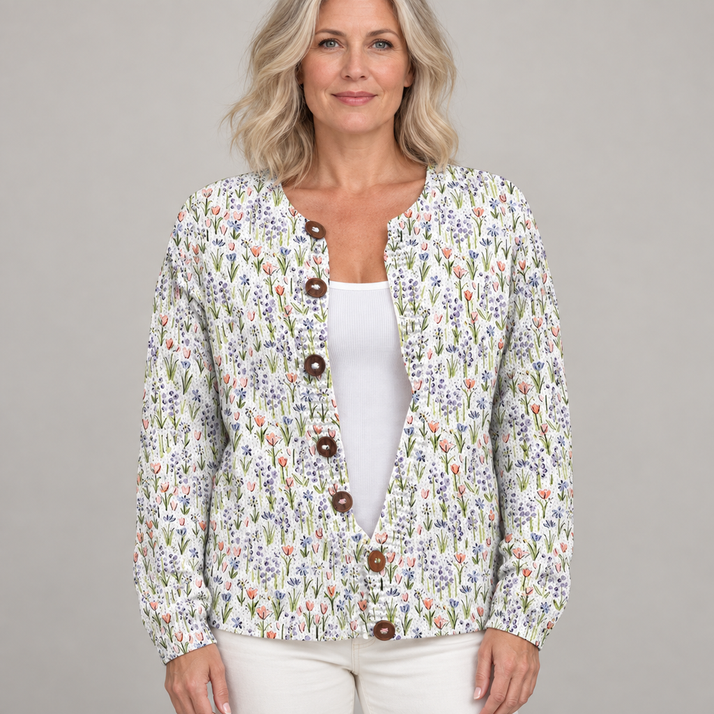 Spring Meadows Floral Repeat Pattern Printed Buttoned Cardigan Sweater — Multicolour — front view