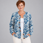Elegant Blue And White Floral Pattern Print Buttoned Cardigan Sweater — BlueWhite — front view
