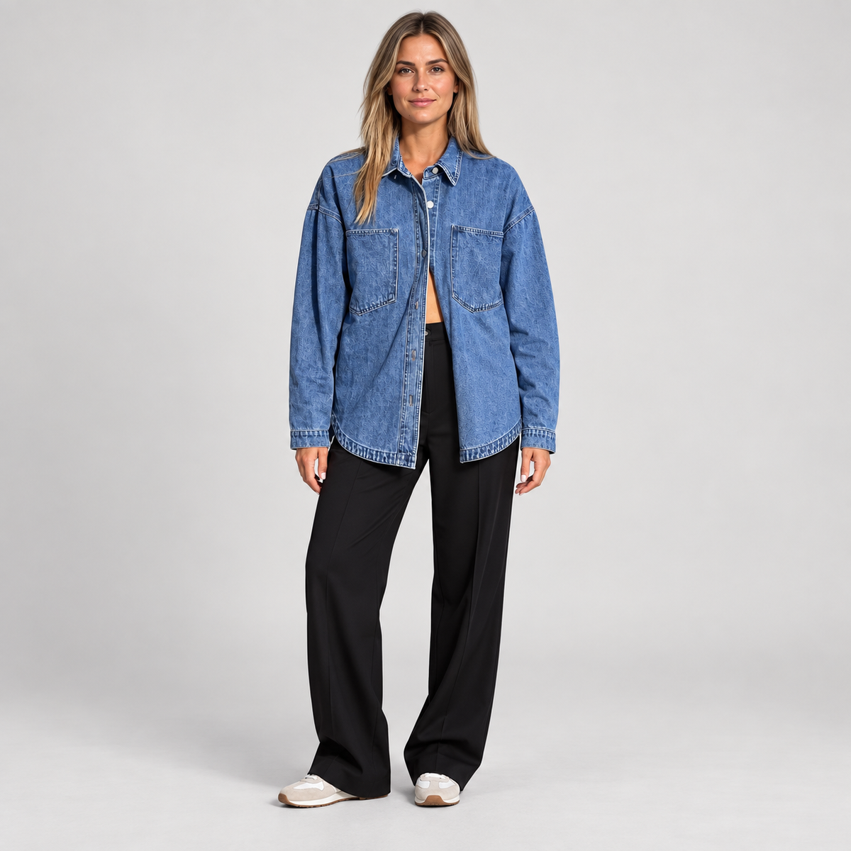 Women'S Oversized Button Down Washed Denim Jacket Long Sleeve — Blue — photo 1