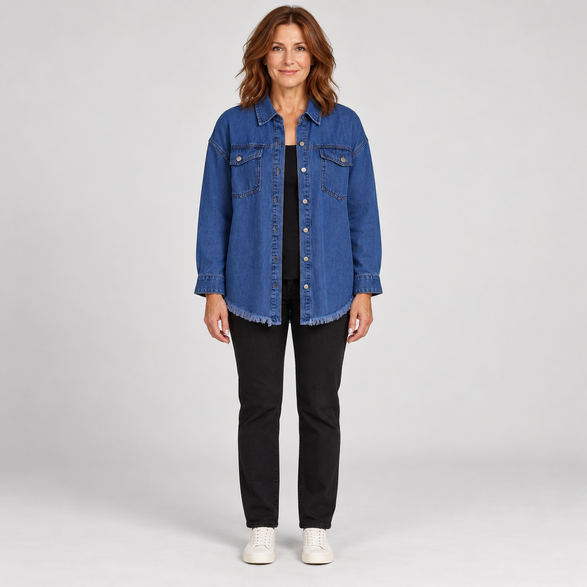 Women'S Raw Hem Snap Button Washed Denim Jacket — Dark Blue — photo 1