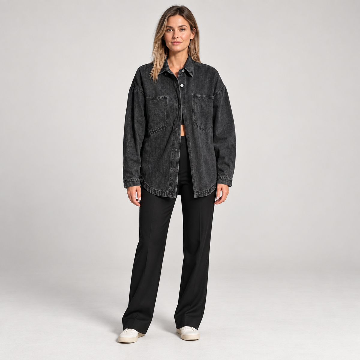 Women'S Oversized Button Down Washed Denim Jacket Long Sleeve — Black — photo 1