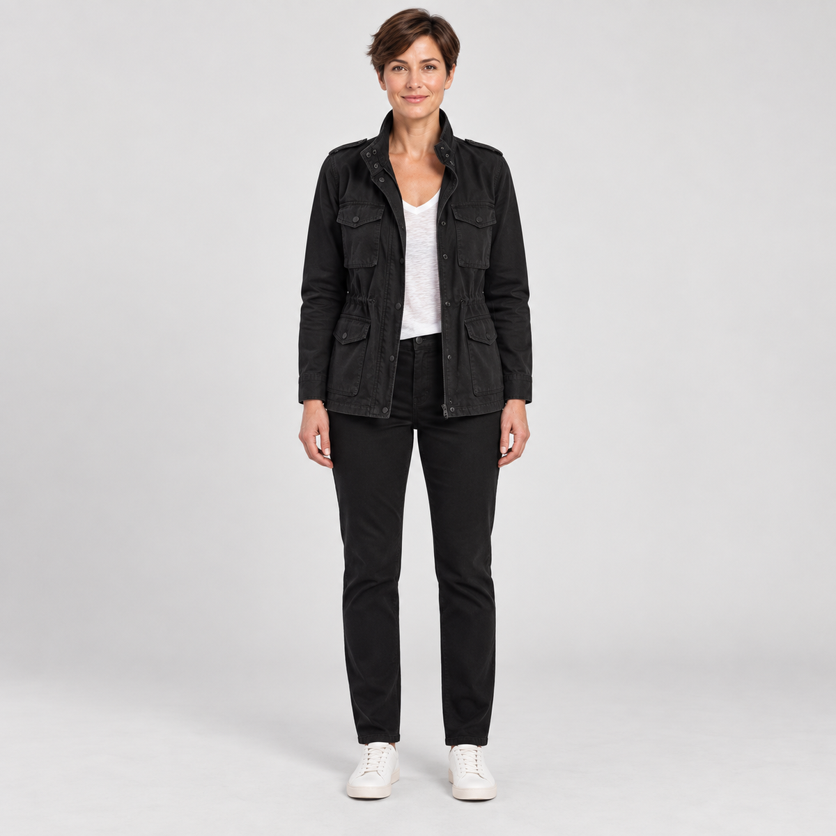 Women'S Utility Cargo Jacket With Multi Pocket Drawstring Waist — Black — photo 1