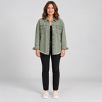 Women'S Raw Hem Snap Button Washed Denim Jacket — Army Green — photo 1