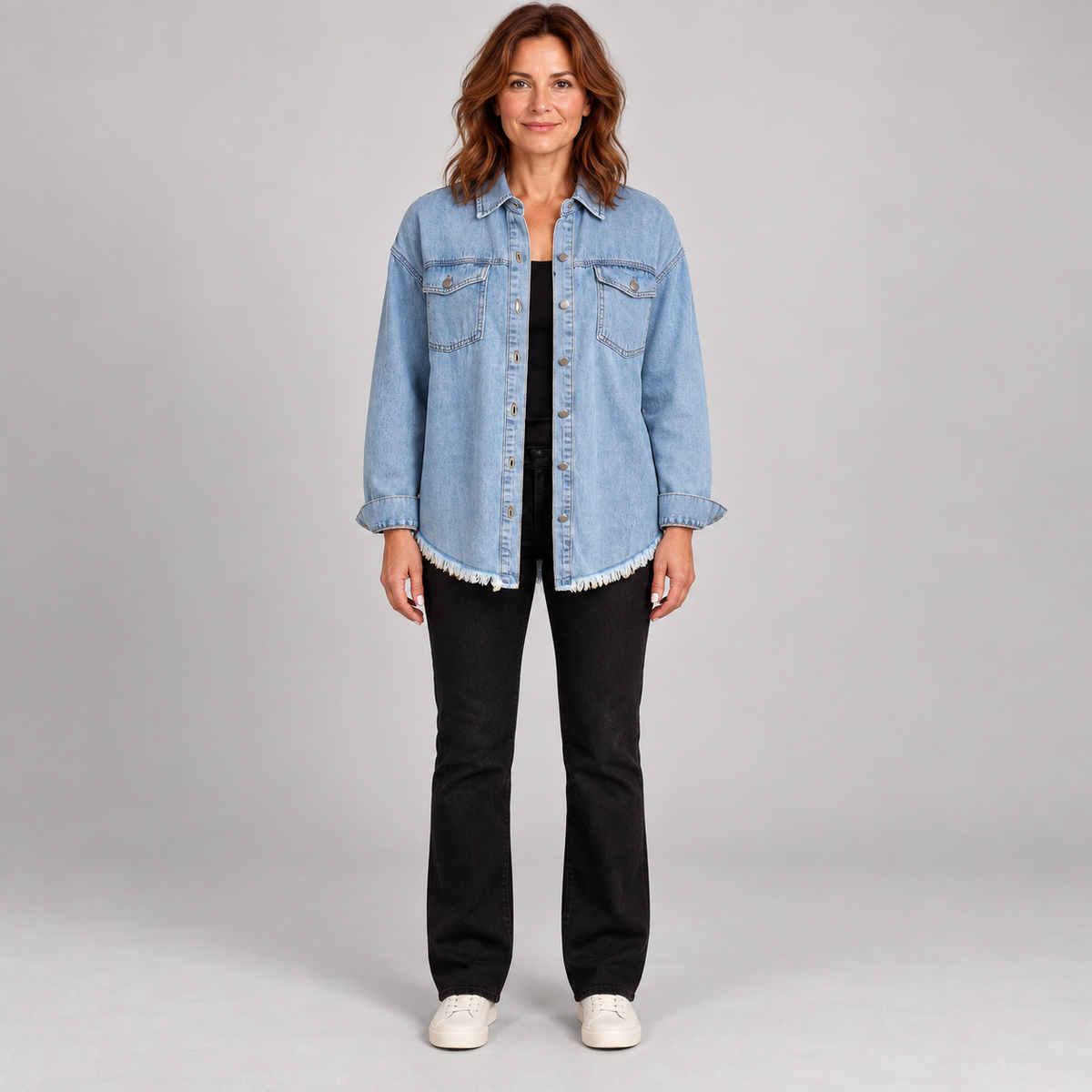 Women'S Raw Hem Snap Button Washed Denim Jacket — Light Blue — photo 1