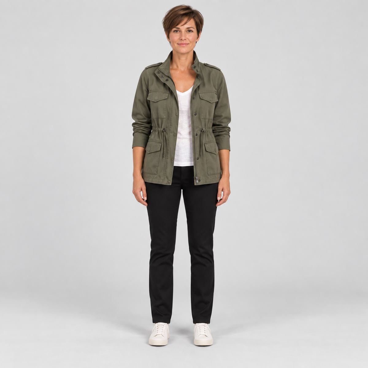 Women'S Utility Cargo Jacket With Multi Pocket Drawstring Waist — Army Green — photo 1
