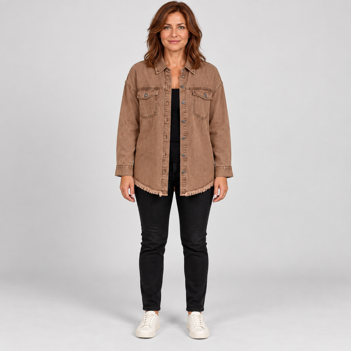 Women'S Raw Hem Snap Button Washed Denim Jacket — Brown — photo 1