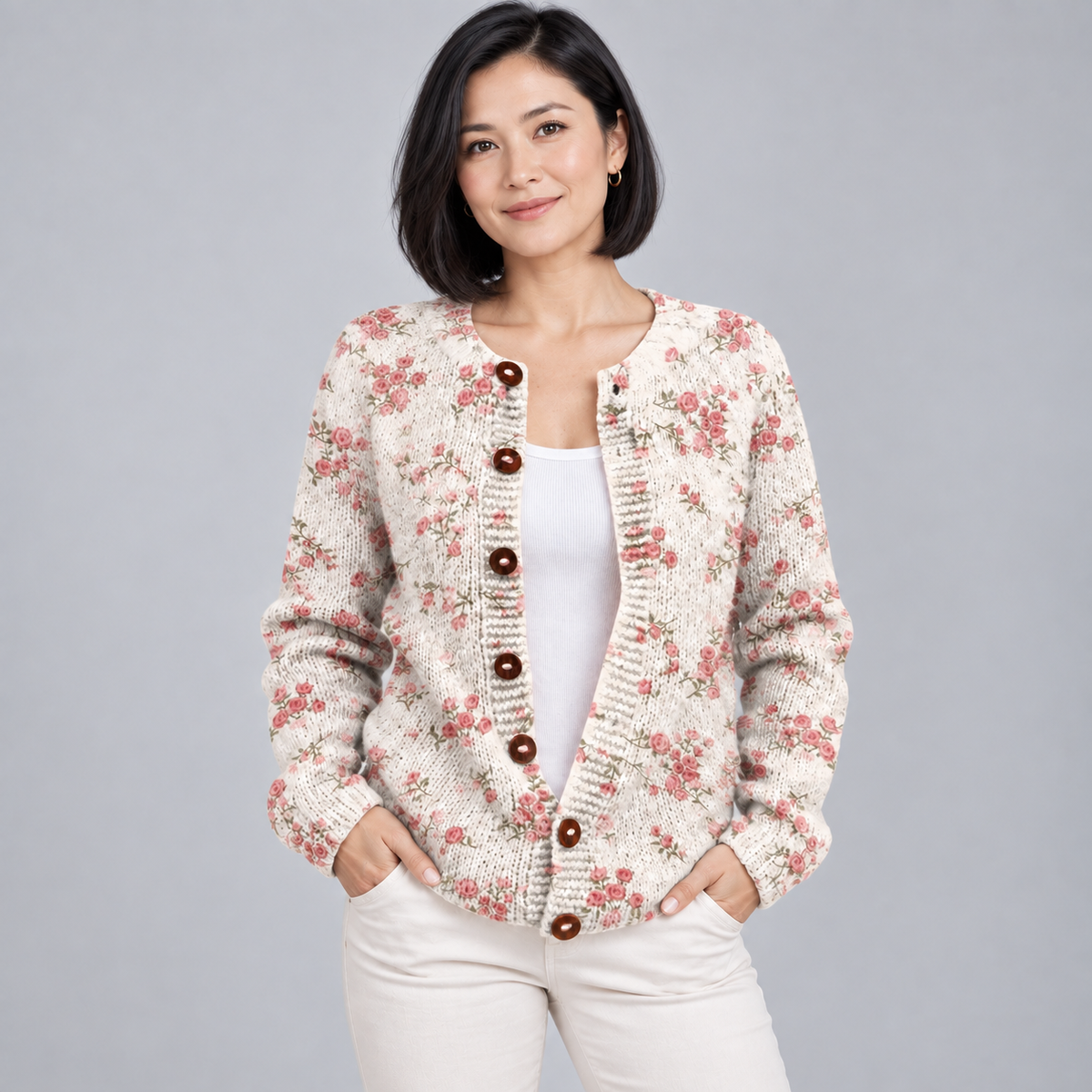 Pink Rose Florets Print — Multicolour — front view