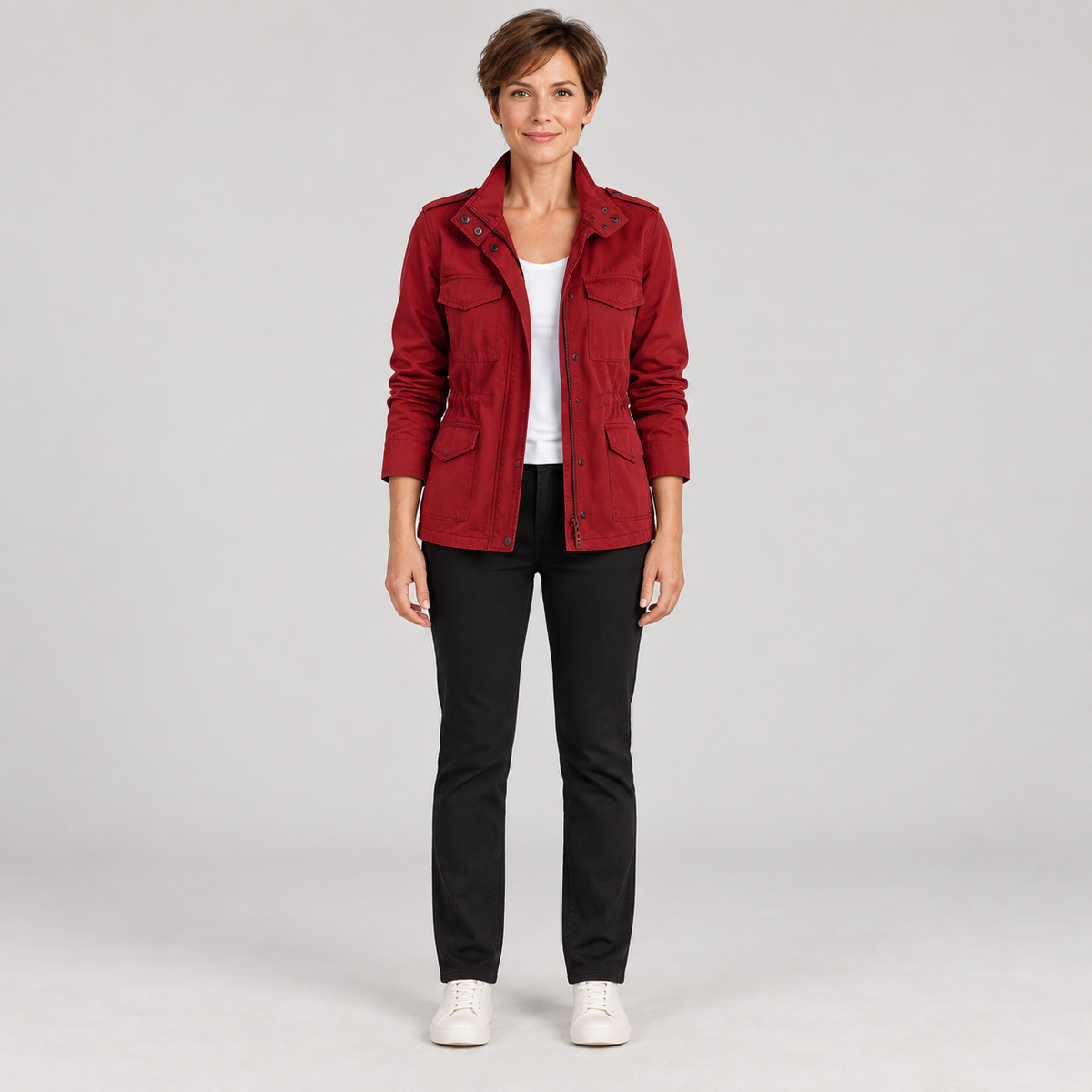 Women'S Utility Cargo Jacket With Multi Pocket Drawstring Waist — Wine Red — photo 1