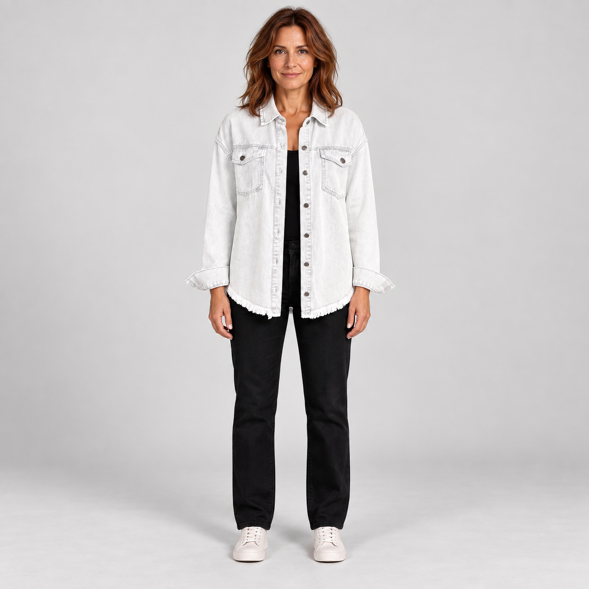 Women'S Raw Hem Snap Button Washed Denim Jacket — White — photo 1