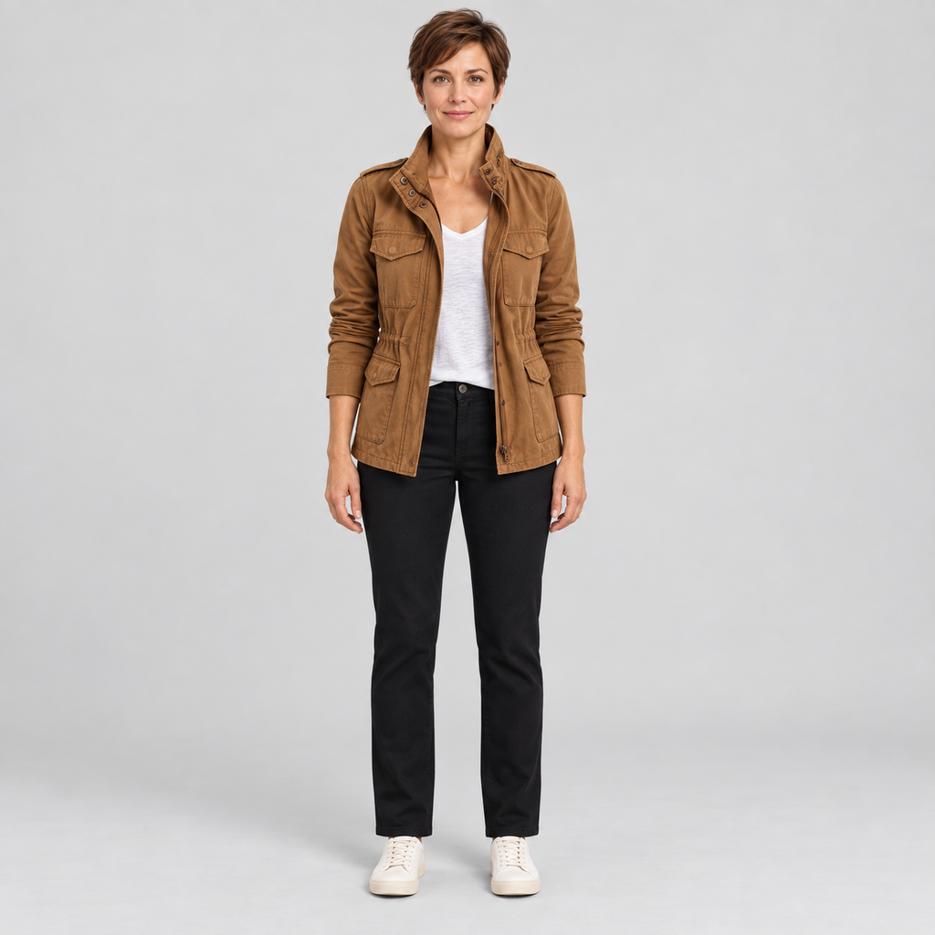 Women'S Utility Cargo Jacket With Multi Pocket Drawstring Waist — Brown — photo 1