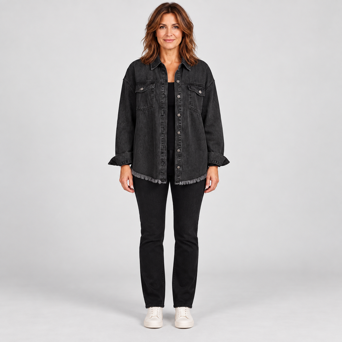Women'S Raw Hem Snap Button Washed Denim Jacket — Black — photo 1