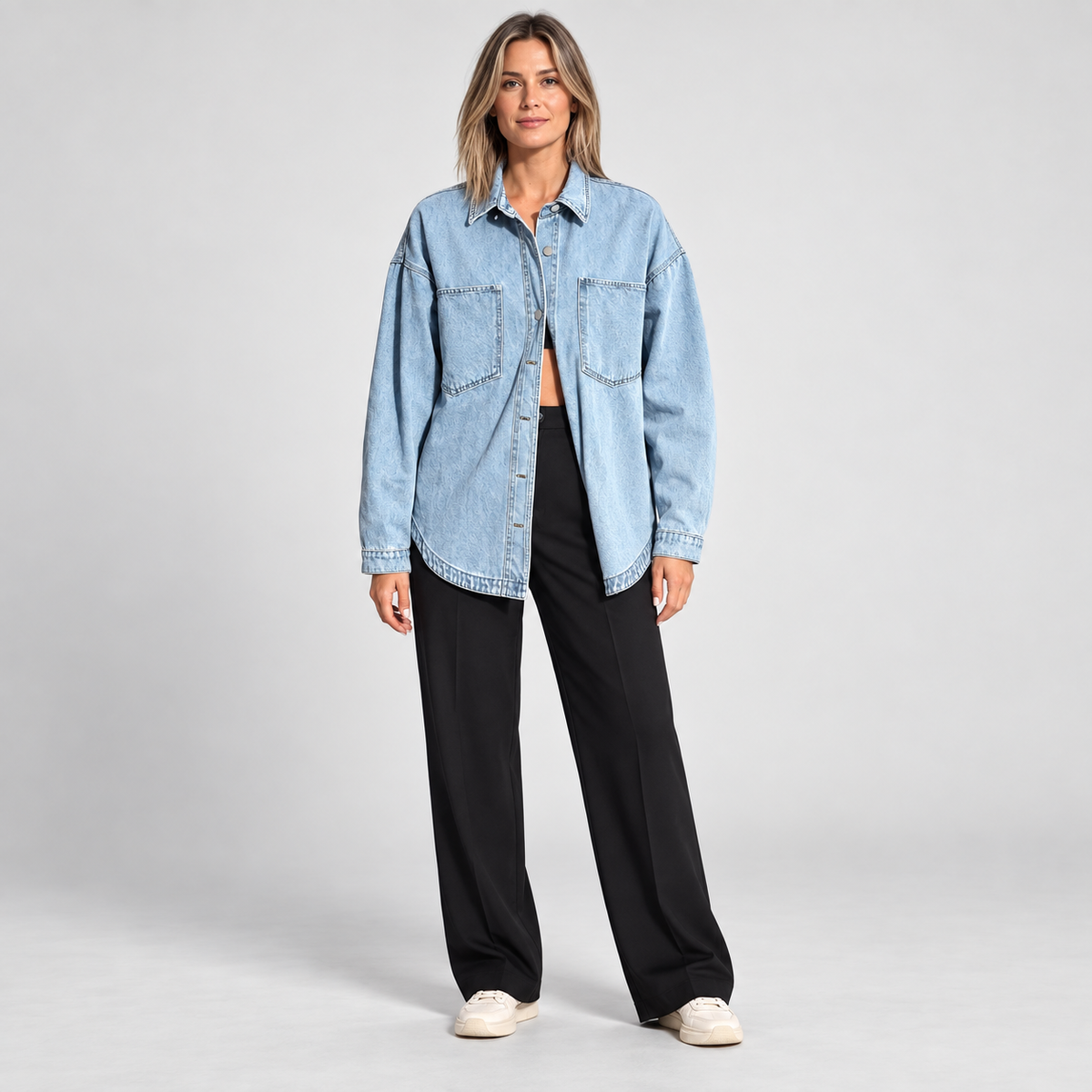 Women'S Oversized Button Down Washed Denim Jacket Long Sleeve — Sky Blue — photo 1