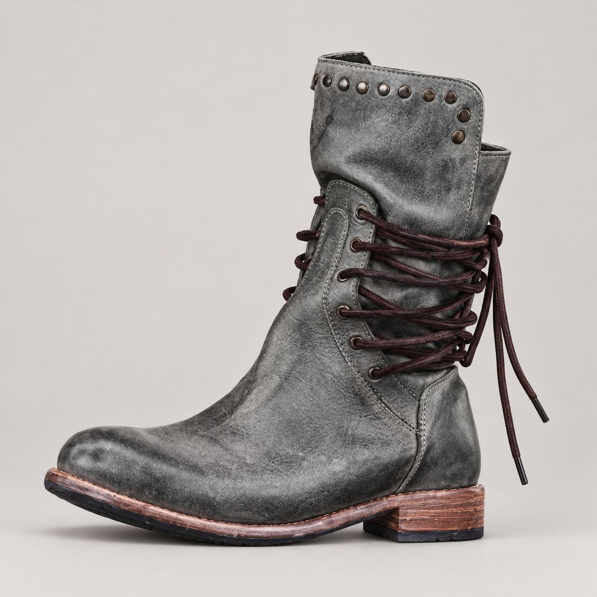Ciss Vintage Lace-Up Boots — Gray — side view