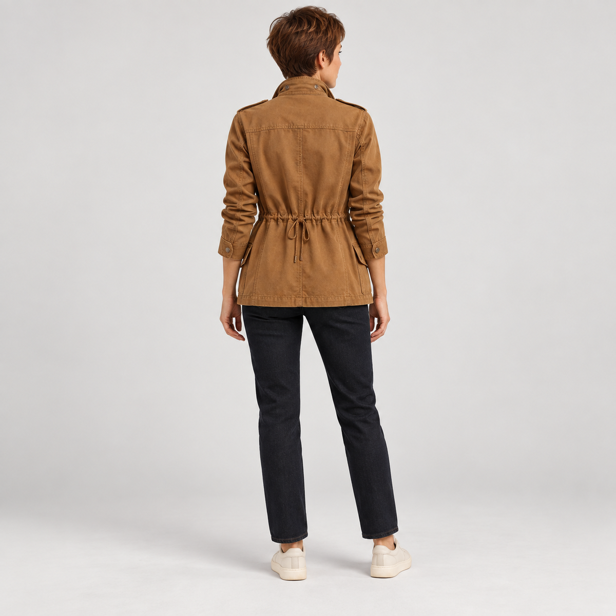 Women'S Utility Cargo Jacket With Multi Pocket Drawstring Waist — Brown — photo 3