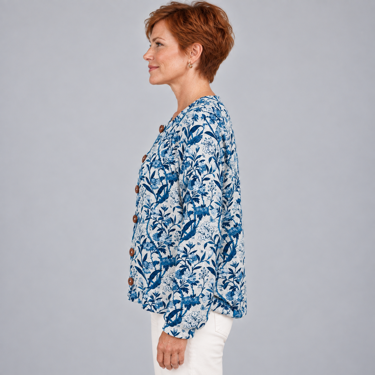 Elegant Blue And White Floral Pattern Print Buttoned Cardigan Sweater — BlueWhite — side view