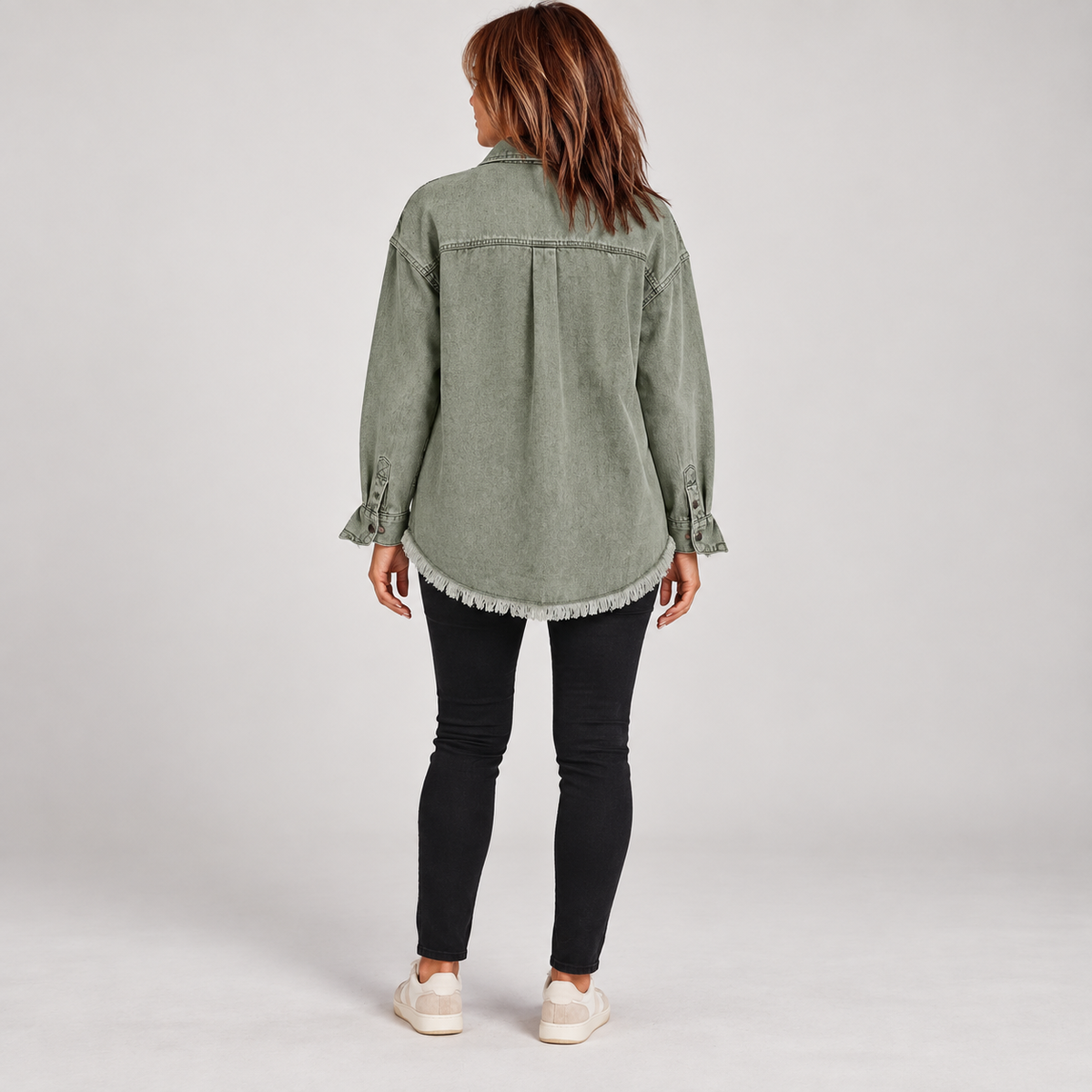 Women'S Raw Hem Snap Button Washed Denim Jacket — Army Green — photo 3