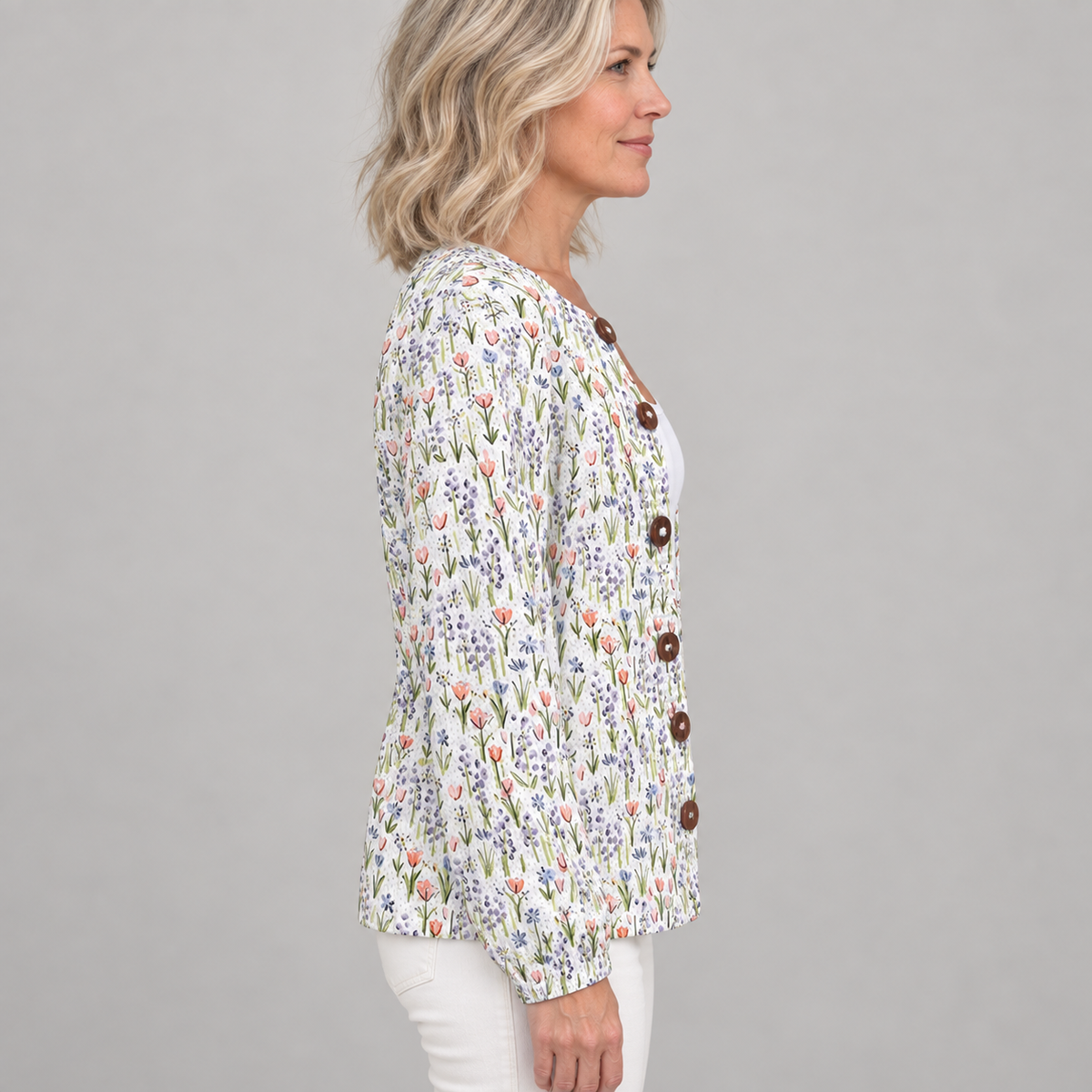 Spring Meadows Floral Repeat Pattern Printed Buttoned Cardigan Sweater — Multicolour — side view