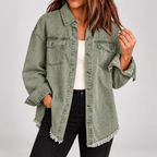 Women'S Raw Hem Snap Button Washed Denim Jacket — Army Green — photo 4
