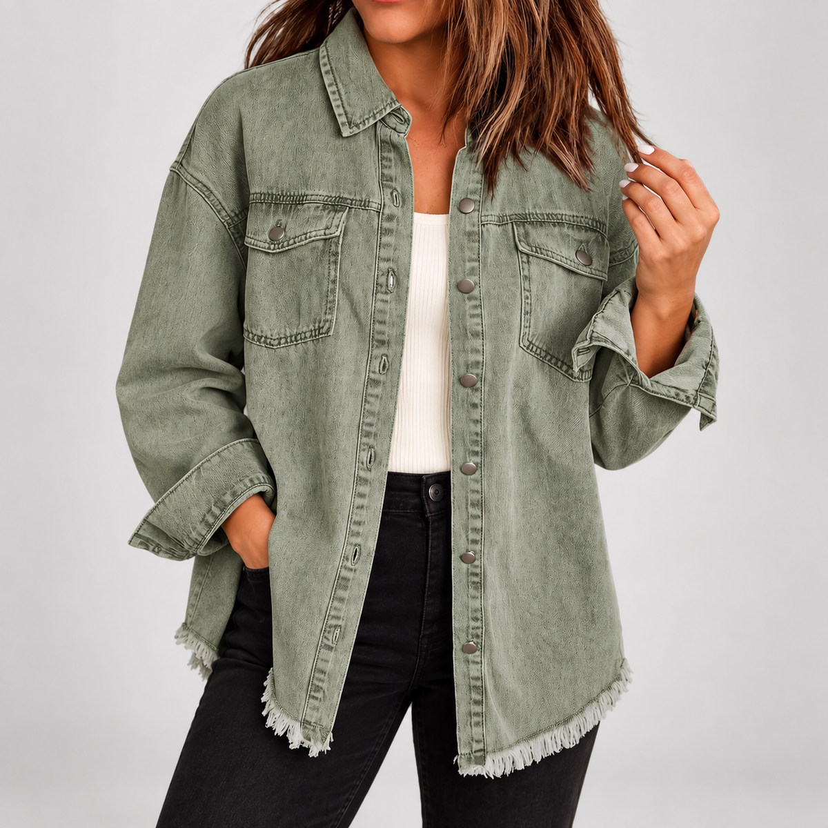 Women'S Raw Hem Snap Button Washed Denim Jacket — Army Green — photo 4
