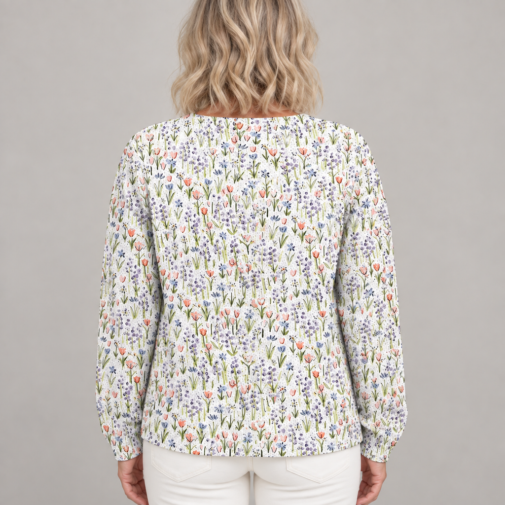 Spring Meadows Floral Repeat Pattern Printed Buttoned Cardigan Sweater — Multicolour — back view