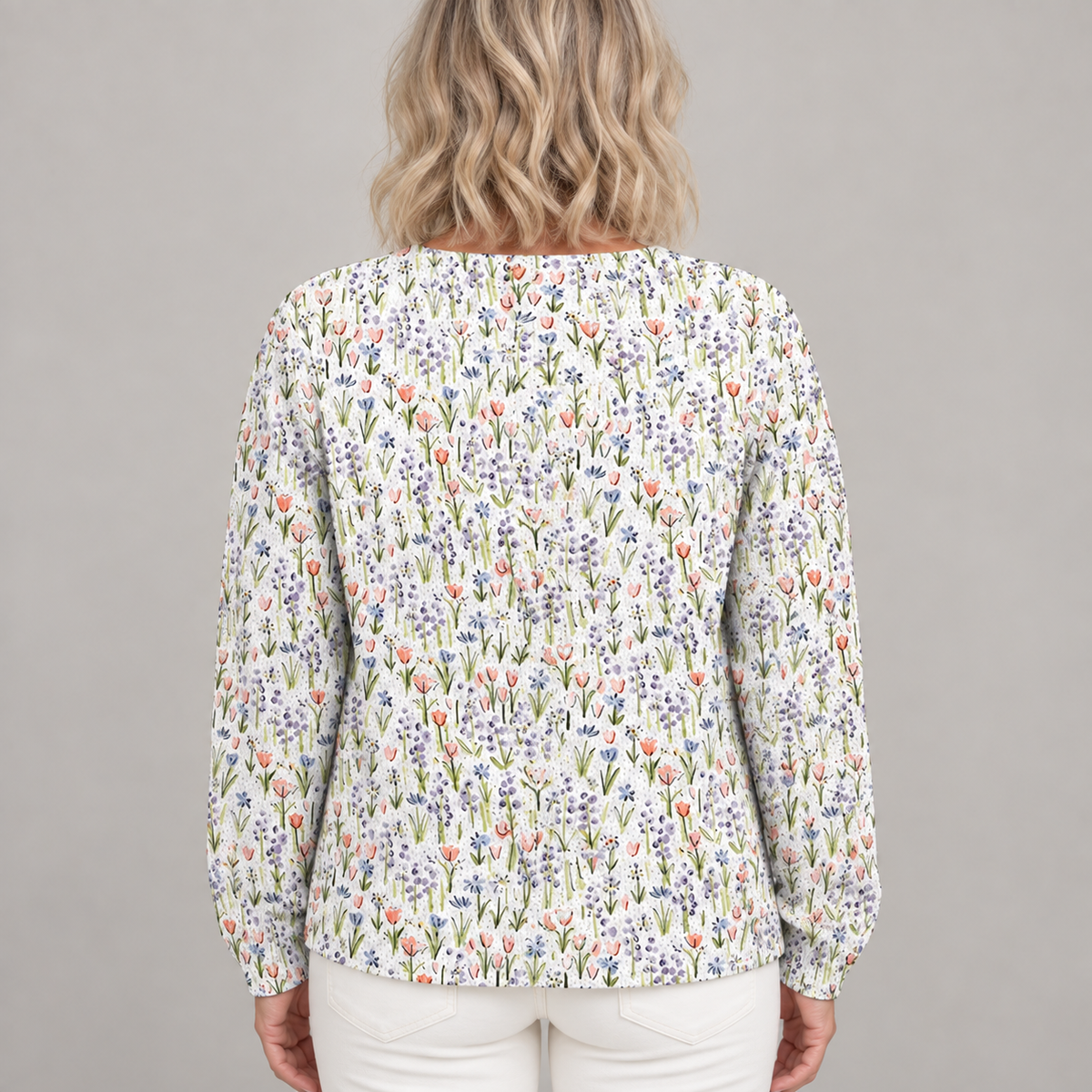 Spring Meadows Floral Repeat Pattern Printed Buttoned Cardigan Sweater — Multicolour — back view