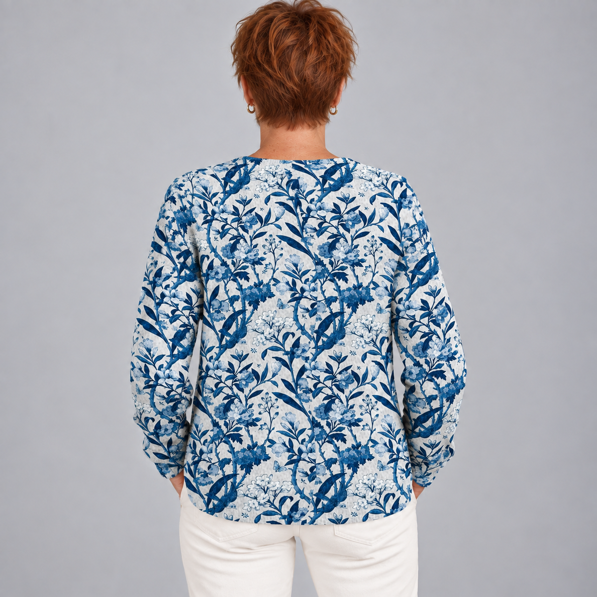 Elegant Blue And White Floral Pattern Print Buttoned Cardigan Sweater — BlueWhite — back view
