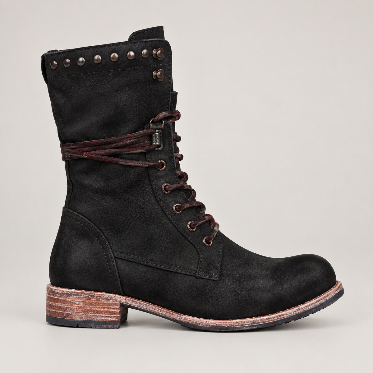 Ciss Vintage Lace-Up Boots — Black — opposite lateral