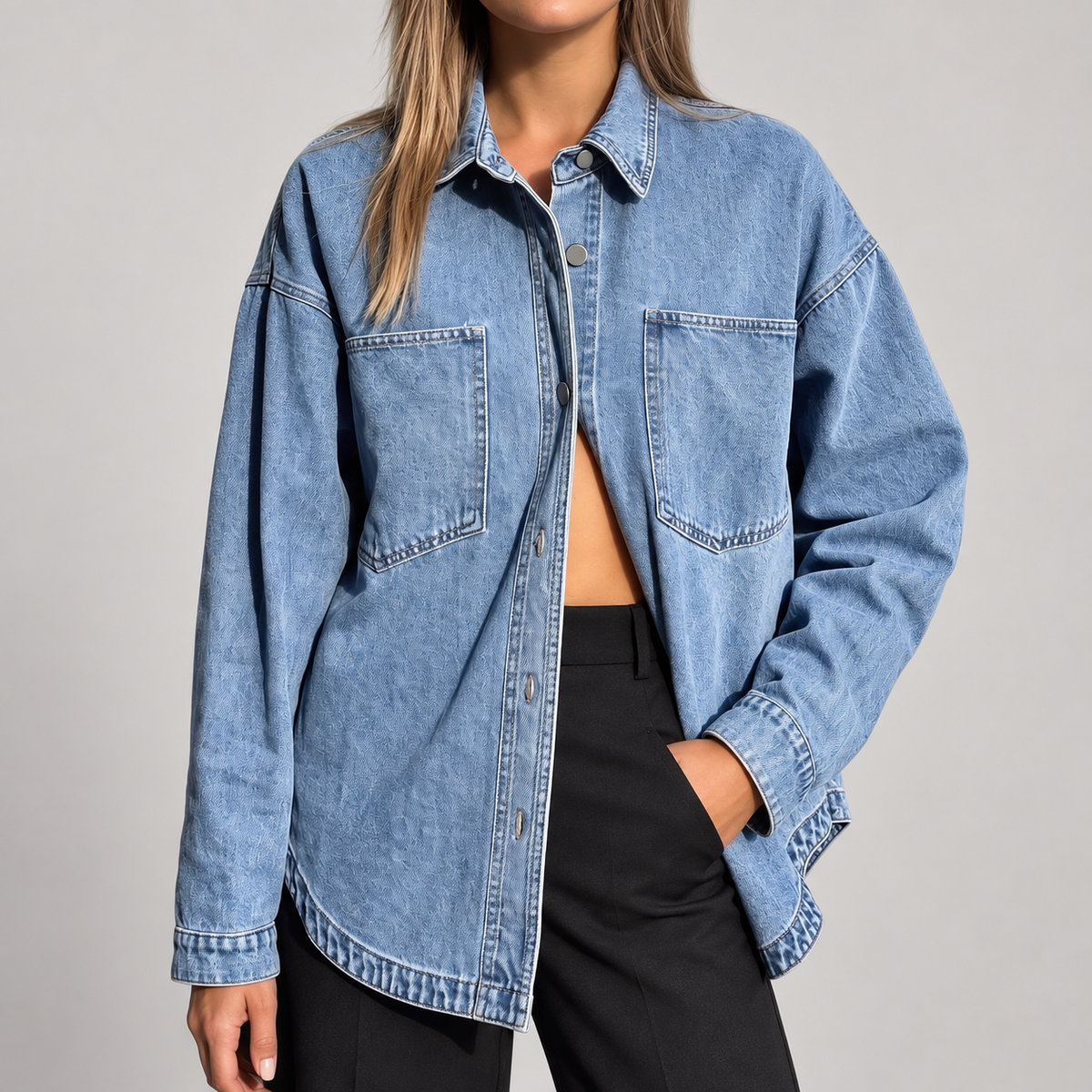 Women'S Oversized Button Down Washed Denim Jacket Long Sleeve — Light Blue — photo 4