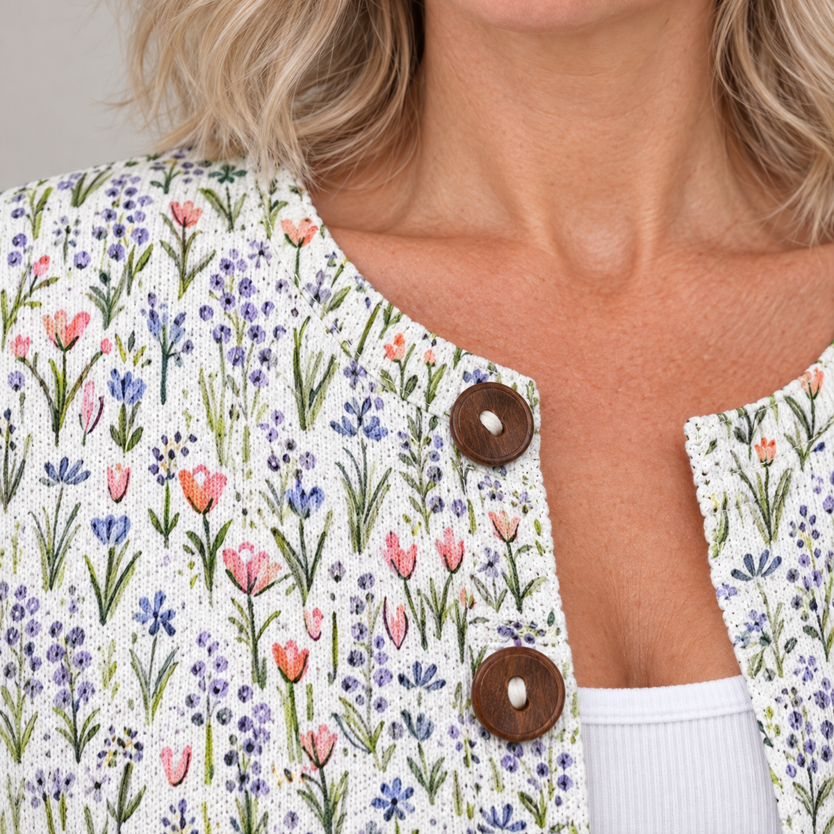 Spring Meadows Floral Repeat Pattern Printed Buttoned Cardigan Sweater — Multicolour — detail