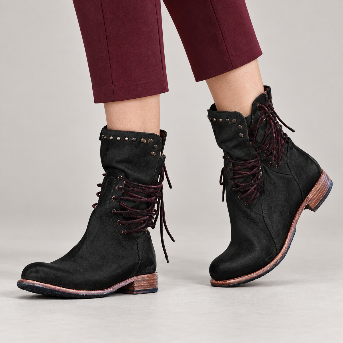 Ciss Vintage Lace-Up Boots — Black — on model