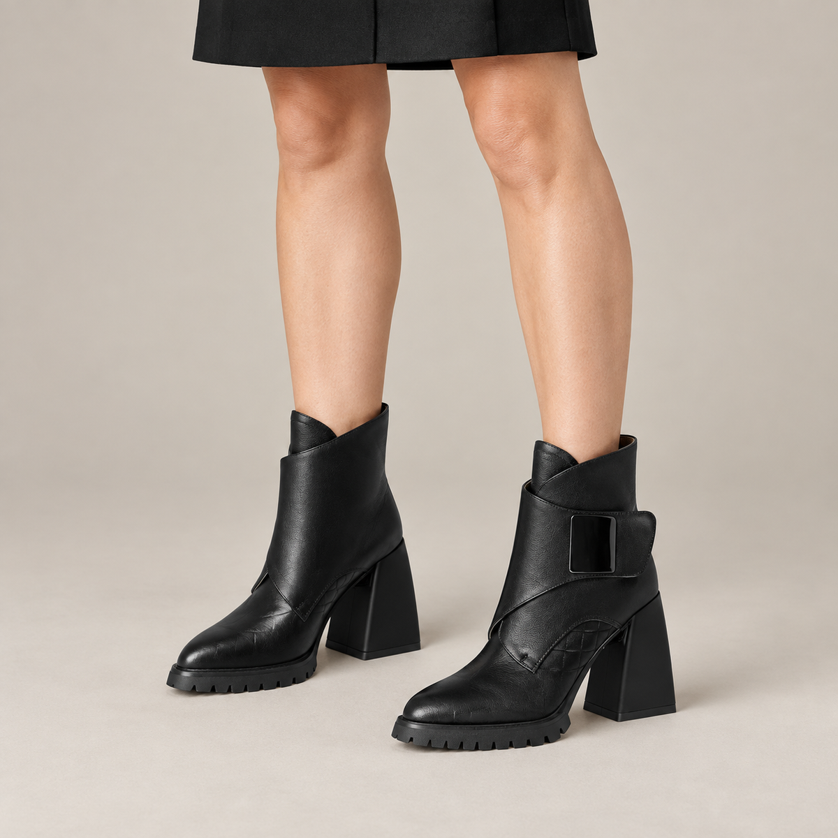 Aziel Leather Boots — Black — on model