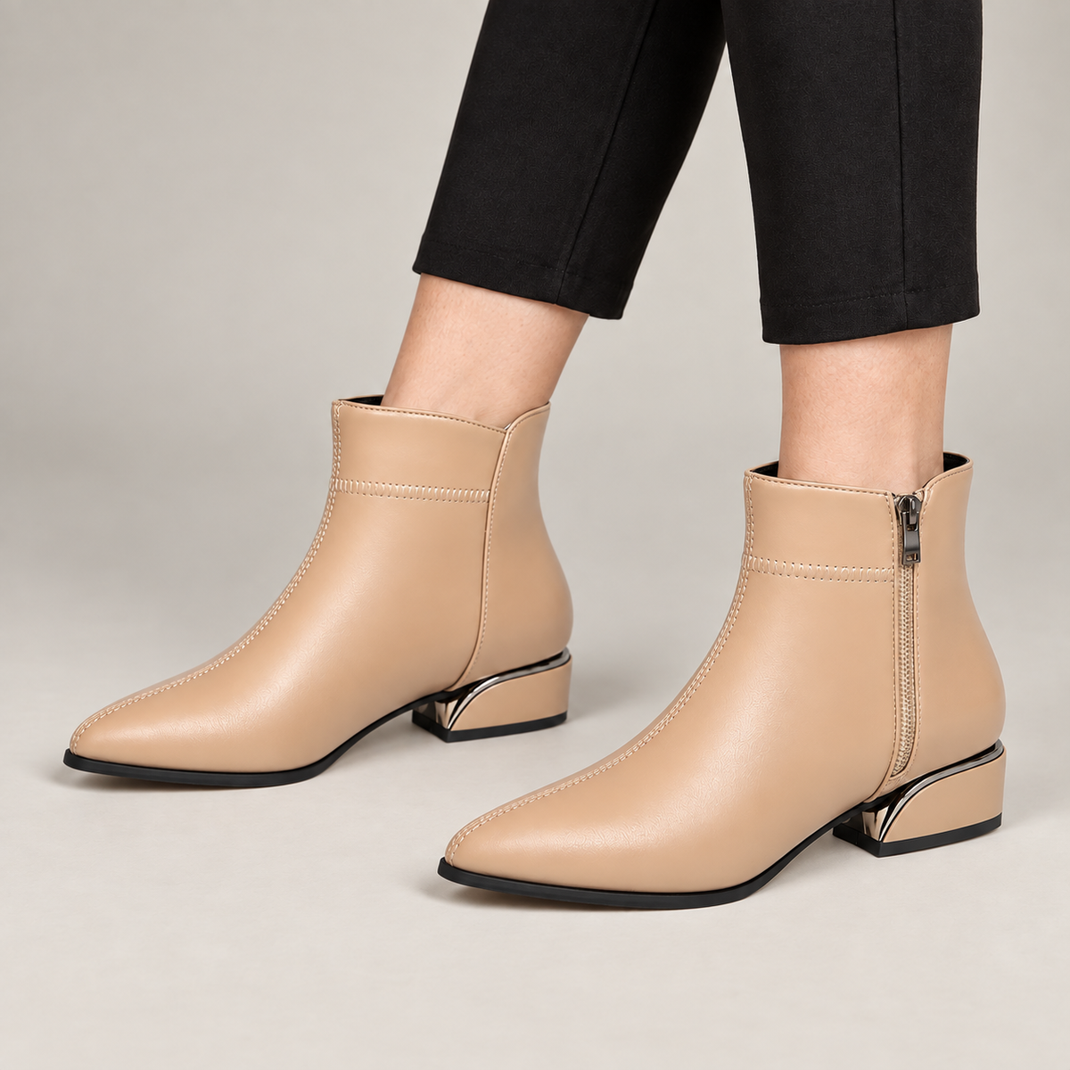 Zoe Ankle Boots — Beige — on model