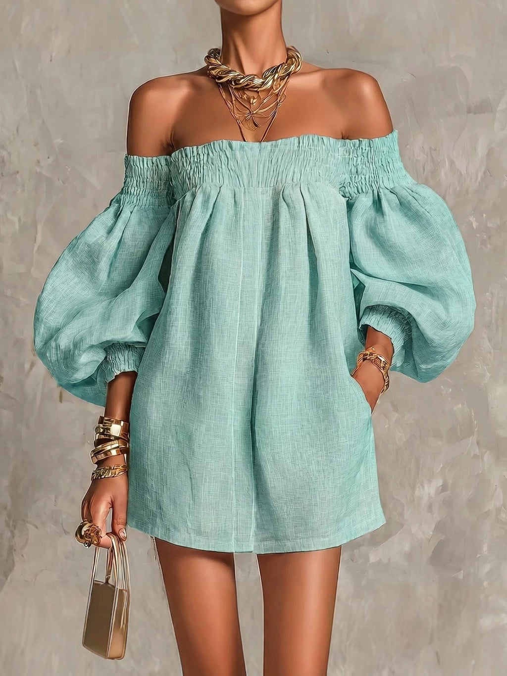 Pink Off-Shoulder Lantern Sleeve A-Line Loose Mini Dress — Blue — photo 1