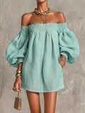 Pink Off-Shoulder Lantern Sleeve A-Line Loose Mini Dress — Blue — photo 1
