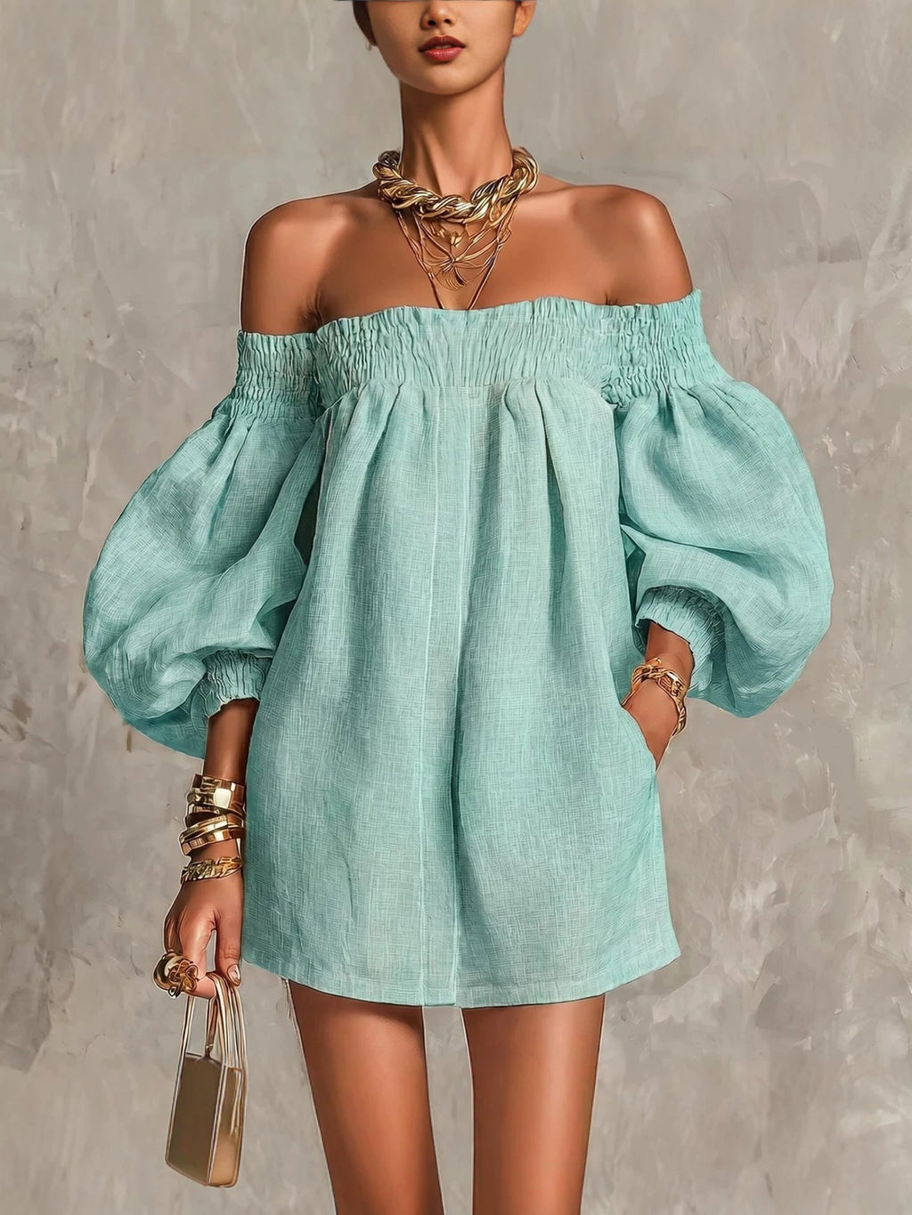 Pink Off-Shoulder Lantern Sleeve A-Line Loose Mini Dress — Blue — photo 2