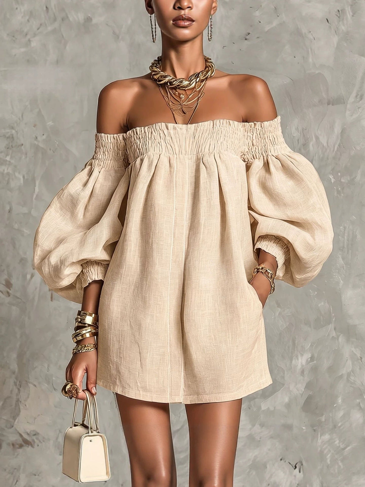 Pink Off-Shoulder Lantern Sleeve A-Line Loose Mini Dress — Oatmeal — photo 1