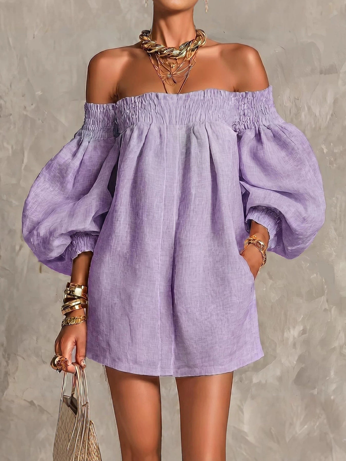 Pink Off-Shoulder Lantern Sleeve A-Line Loose Mini Dress — Purple — photo 1