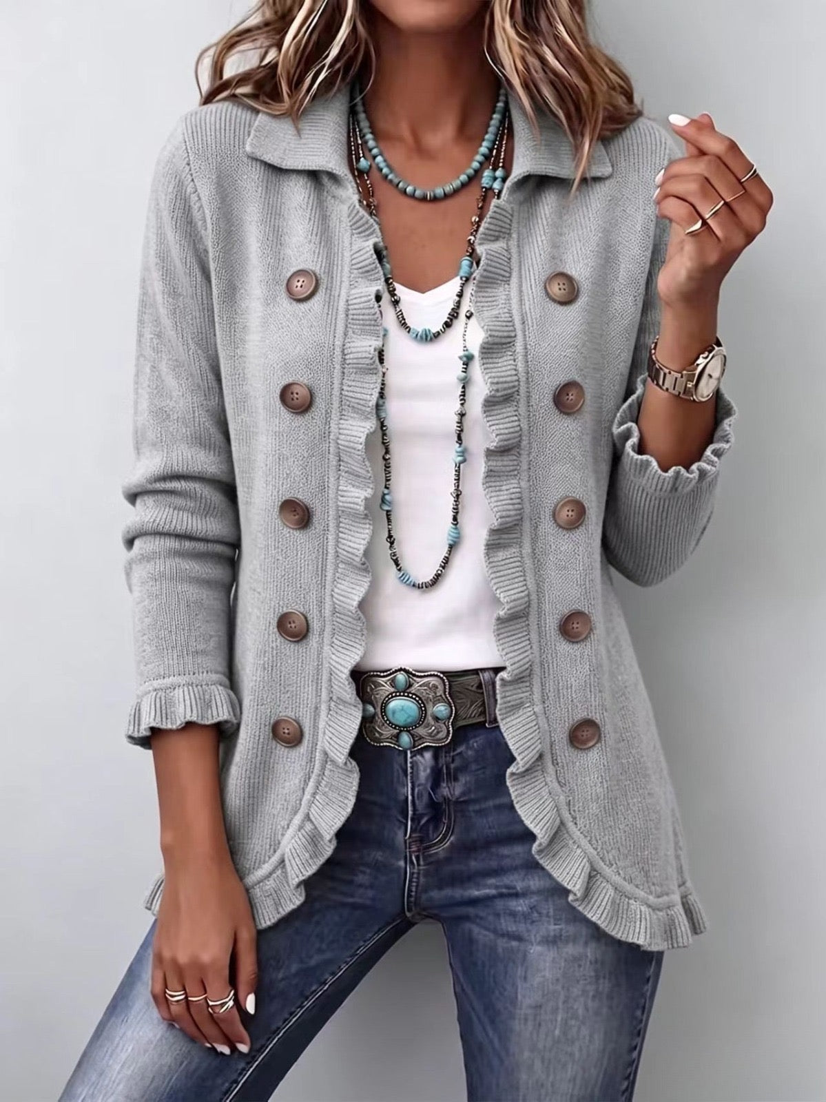 Théodora | Ribbed Knit Ruffle Jacket in Heather Grey