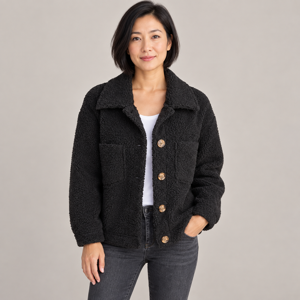 MOIRA™ - Relaxed Fit Fleece Jacket — Black — front view