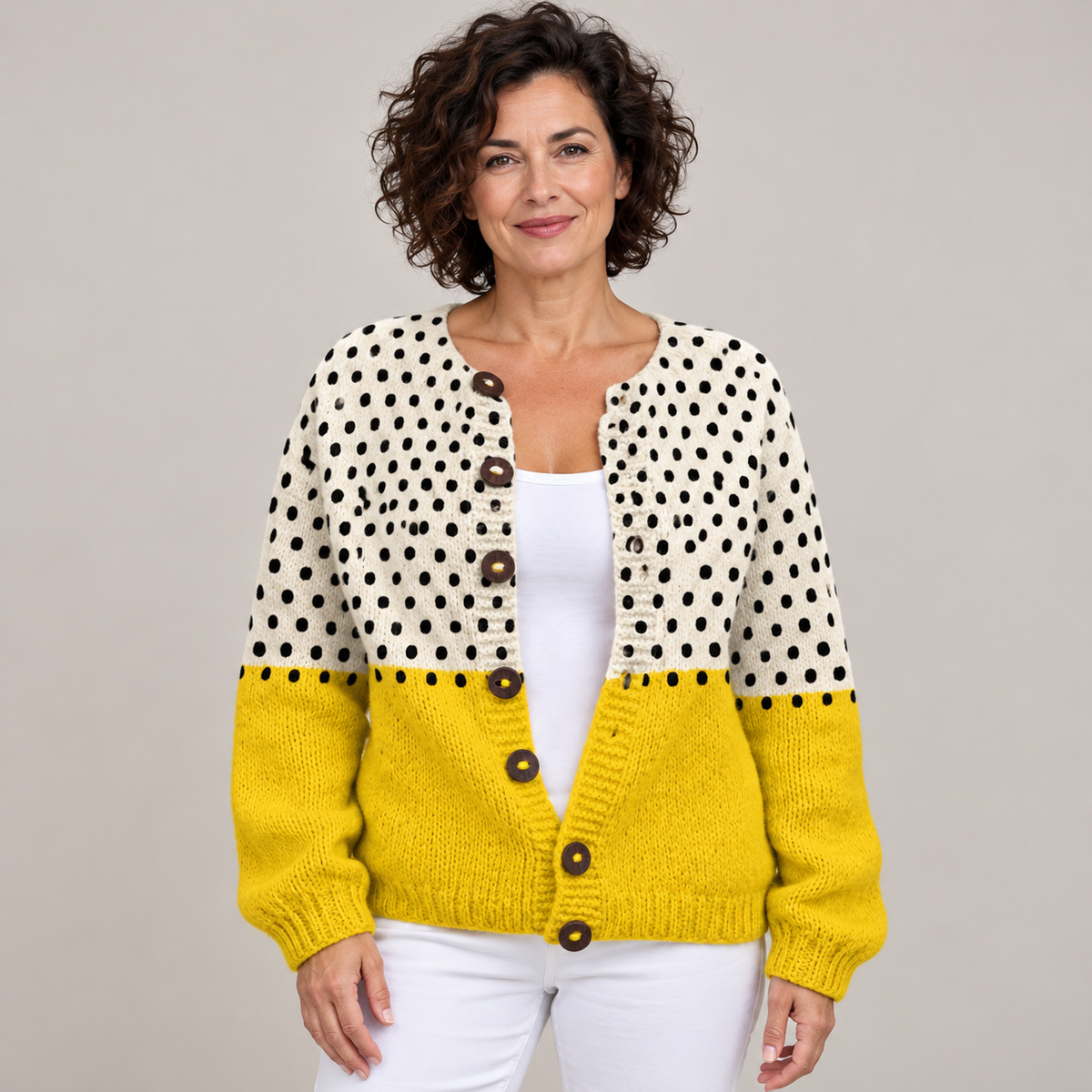 Yellow Geometric Polka Dots Print | Buttoned Cardigan Sweater — Multicolor — front view