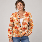 Maple Leaf Autumn Art Print | Buttoned Cardigan Sweater — Multicolour — front view