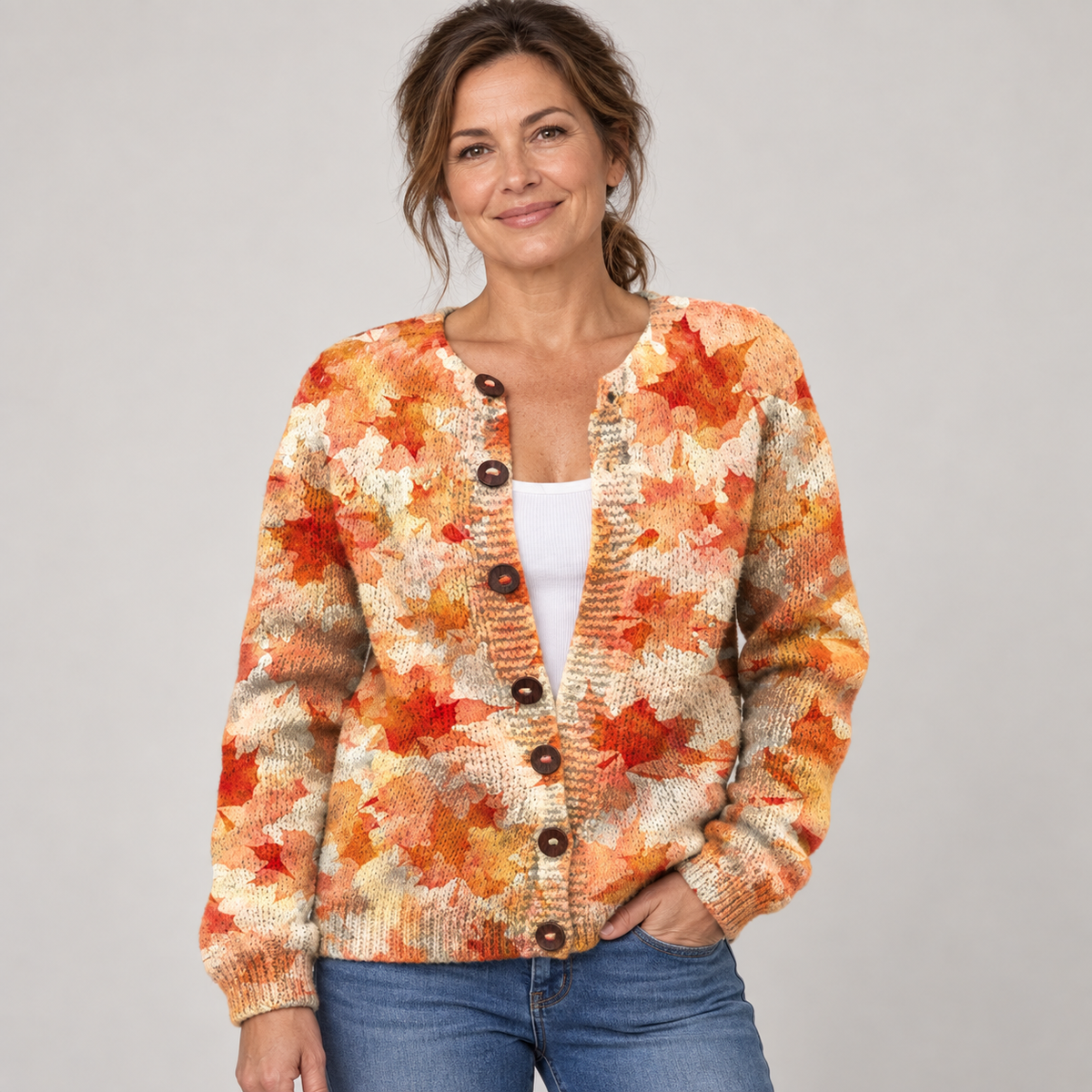 Maple Leaf Autumn Art Print | Buttoned Cardigan Sweater — Multicolour — front view
