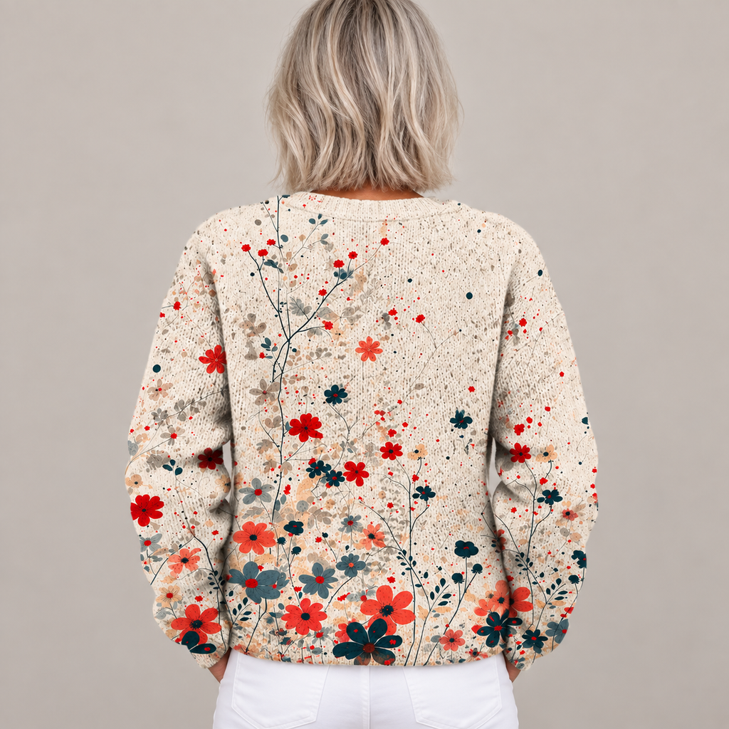 Vintage Flower Art Print | Buttoned Cardigan Sweater — Multicolour — back view