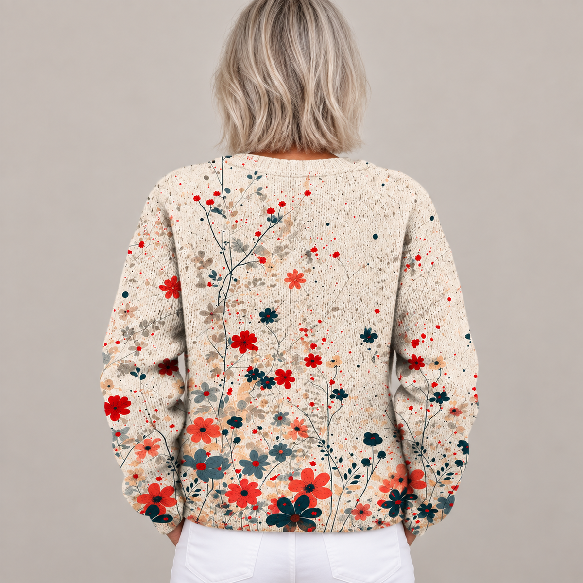 Vintage Flower Art Print | Buttoned Cardigan Sweater — Multicolour — back view