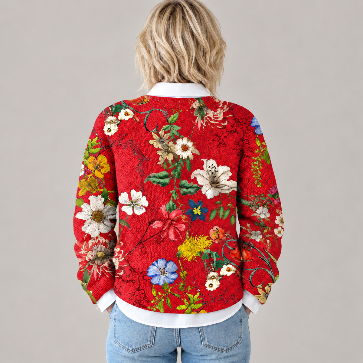 Women's Vintage Floral Art Print | Buttoned Cardigan Sweater — Red — back view