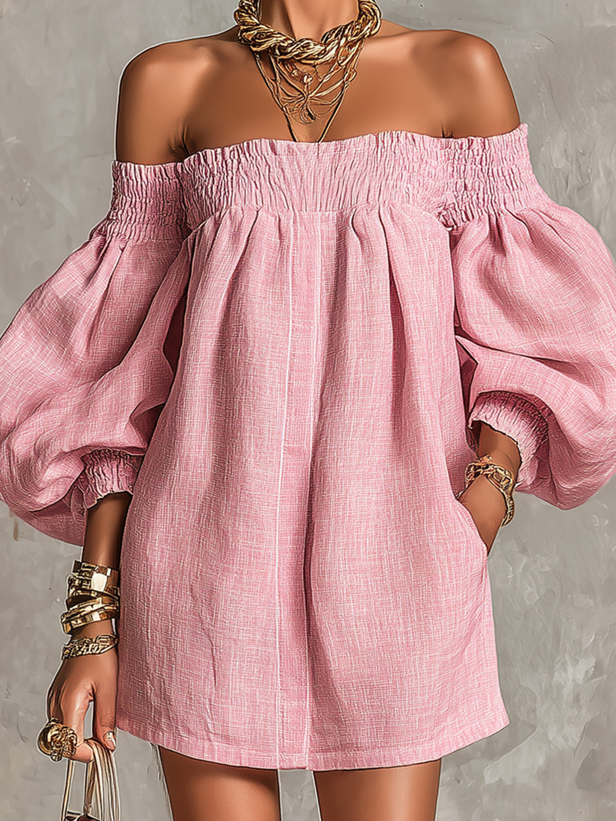 Pink Off-Shoulder Lantern Sleeve A-Line Loose Mini Dress — Pink — photo 3