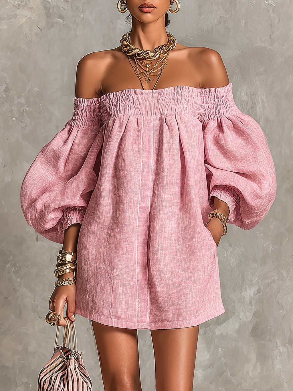 Pink Off-Shoulder Lantern Sleeve A-Line Loose Mini Dress — Pink — photo 1