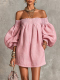 Pink Off-Shoulder Lantern Sleeve A-Line Loose Mini Dress — Pink — photo 1